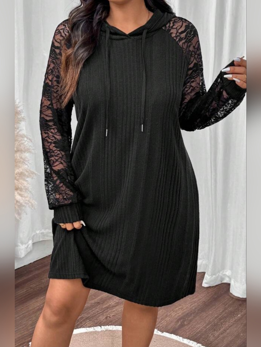 Shein Black Lace-Sleeve Hooded Dress 3447-AD